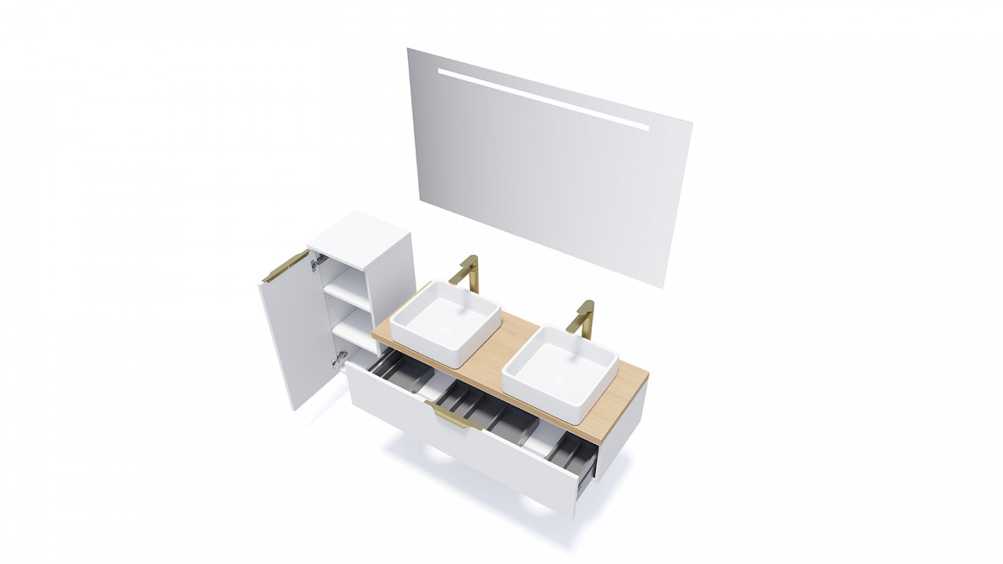 Meuble de salle de bain suspendu 2 vasques à poser 120cm 1 tiroir Blanc - Swing