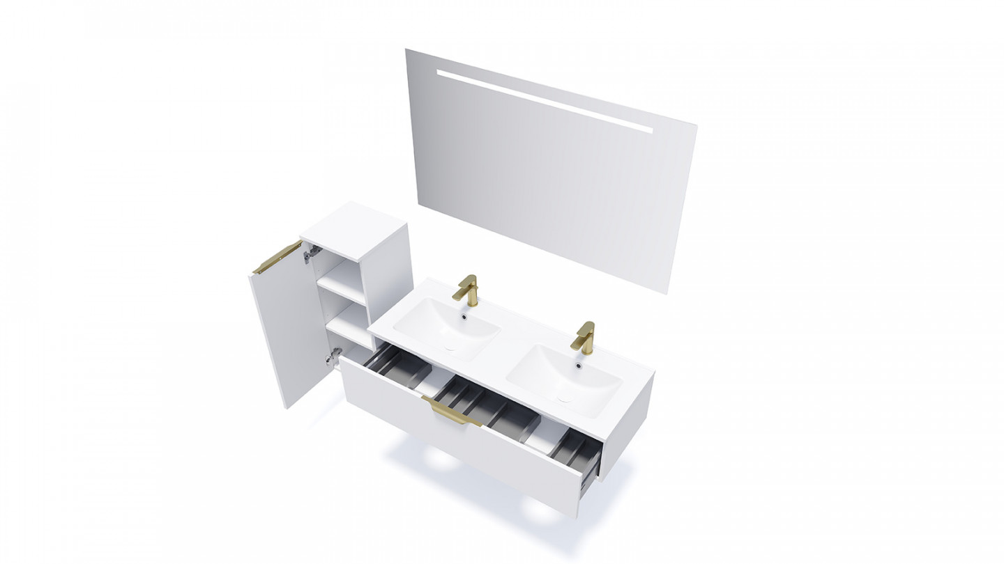 Meuble de salle de bain suspendu double vasque intégrée 120cm 1 tiroir Blanc + miroir + colonne ouverture gauche - Swing