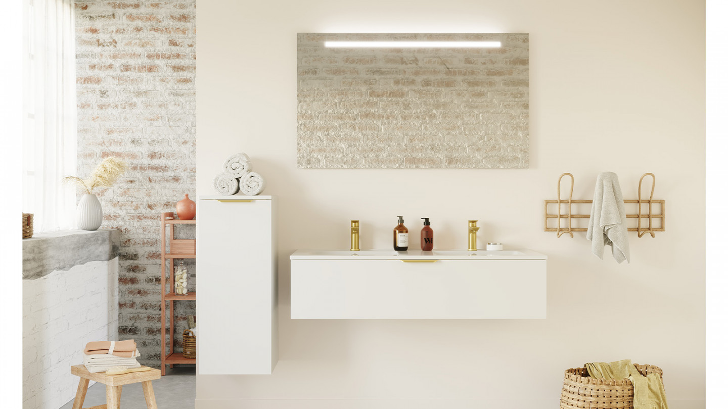 Meuble de salle de bain suspendu double vasque intégrée 120cm 1 tiroir Blanc + miroir + colonne ouverture gauche - Swing