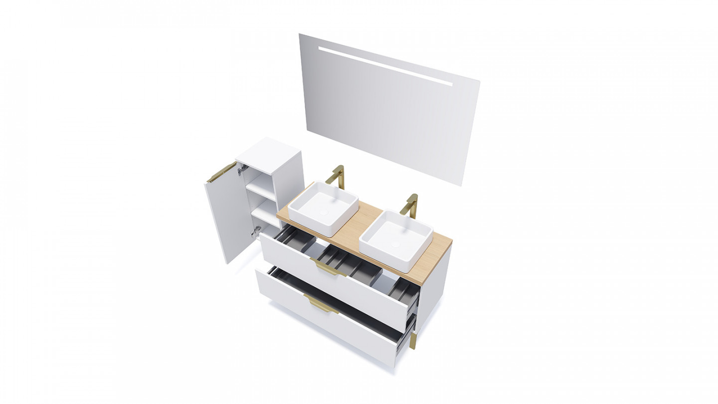 Meuble de salle de bain suspendu 2 vasques à poser 120cm 2 tiroirs Blanc + miroir + colonne ouverture gauche - Swing