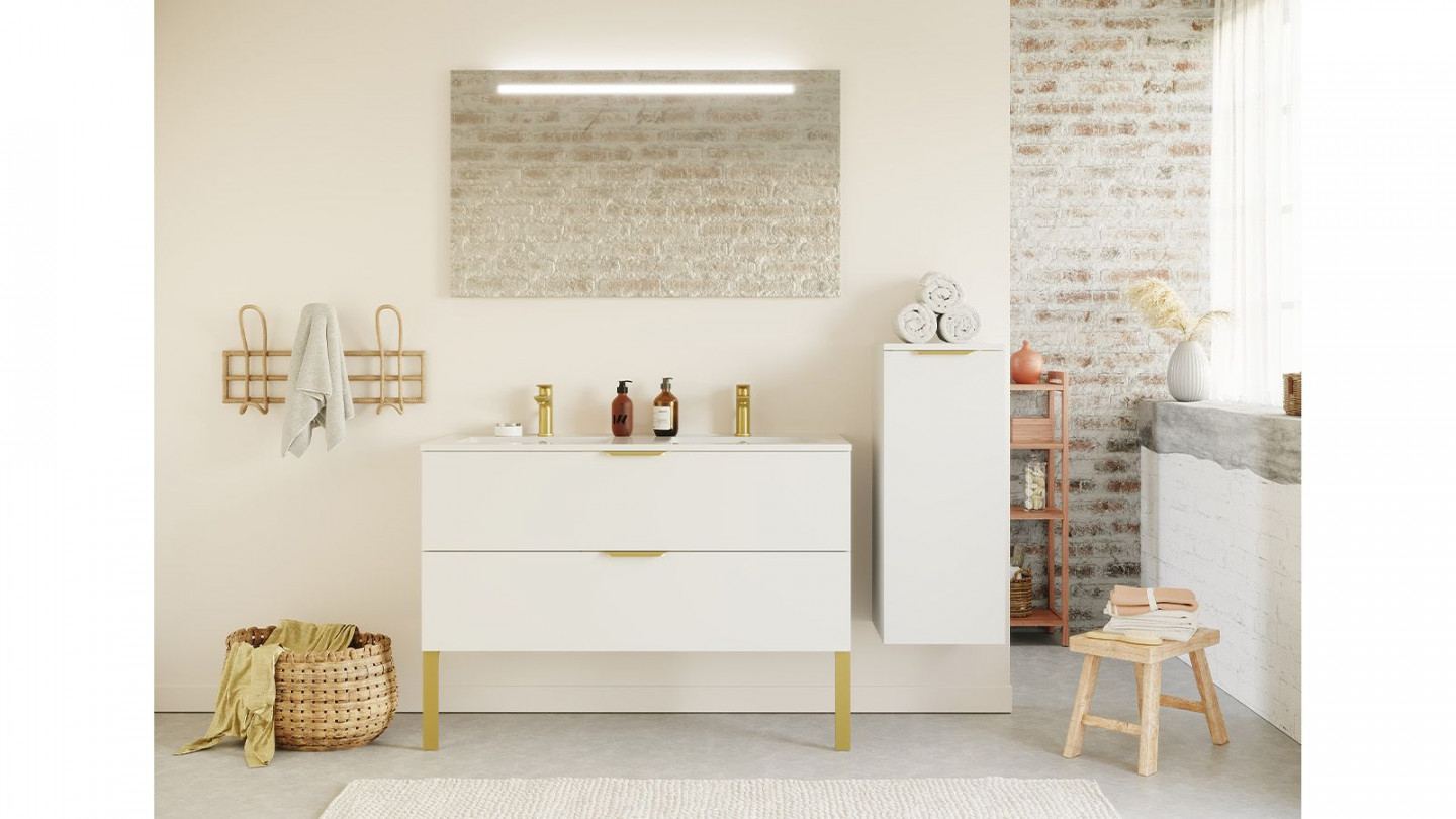 Meuble de salle de bain suspendu double vasque intégrée 120cm 2 tiroirs Blanc + miroir + colonne ouverture droite - Swing