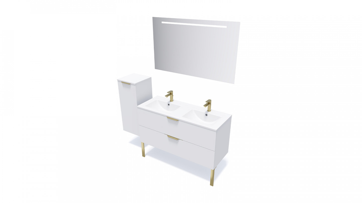 Meuble de salle de bain suspendu double vasque intégrée 120cm 2 tiroirs Blanc + miroir + colonne ouverture gauche - Swing