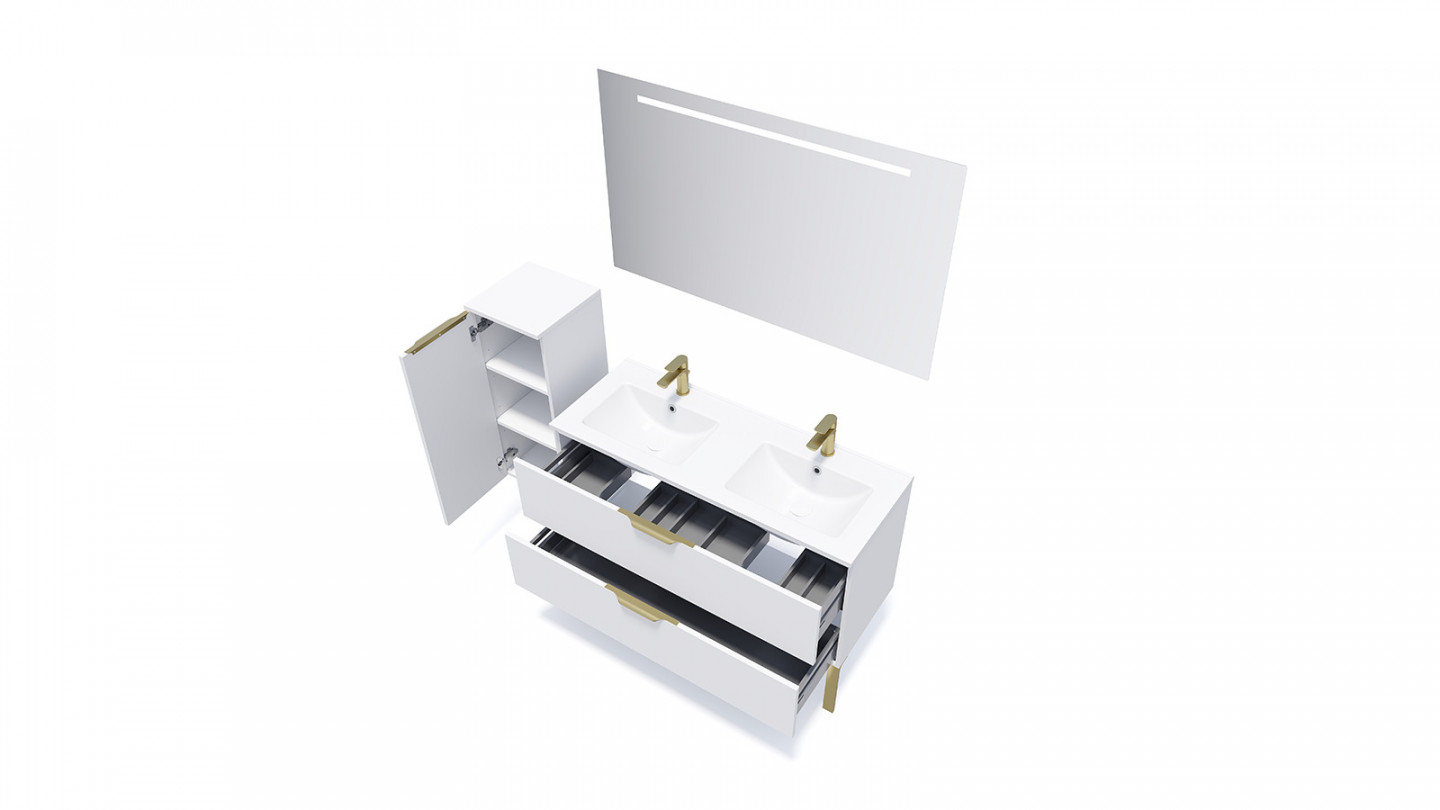 Meuble de salle de bain suspendu double vasque intégrée 120cm 2 tiroirs Blanc + miroir + colonne ouverture gauche - Swing
