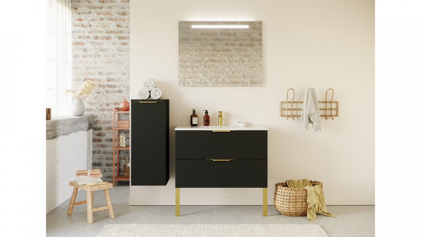 Meuble de salle de bain suspendu vasque intégrée 90cm 2 tiroirs Noir + miroir - Swing