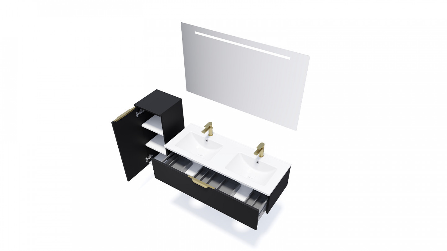 Meuble de salle de bain suspendu double vasque intégrée 120cm 1 tiroir Noir + miroir - Swing