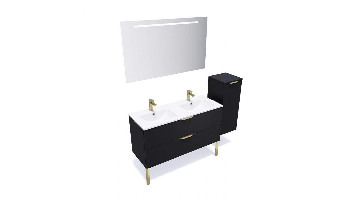 Meuble de salle de bain suspendu double vasque intégrée 120cm 2 tiroirs Noir + miroir + colonne ouverture droite - Swing