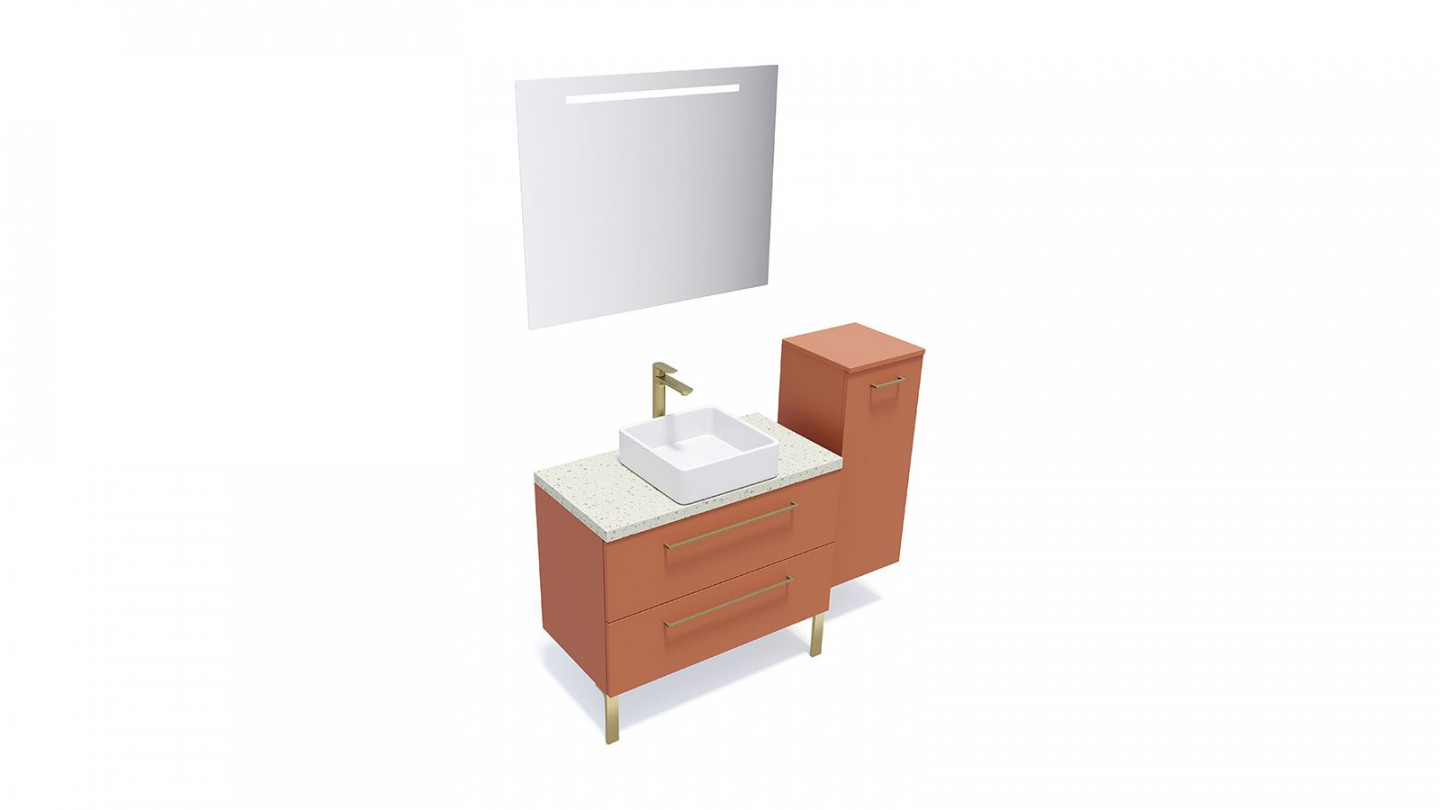 Meuble de salle de bain suspendu vasque à poser 90cm 2 tiroirs Terracotta + miroir + colonne ouverture droite - Osmose