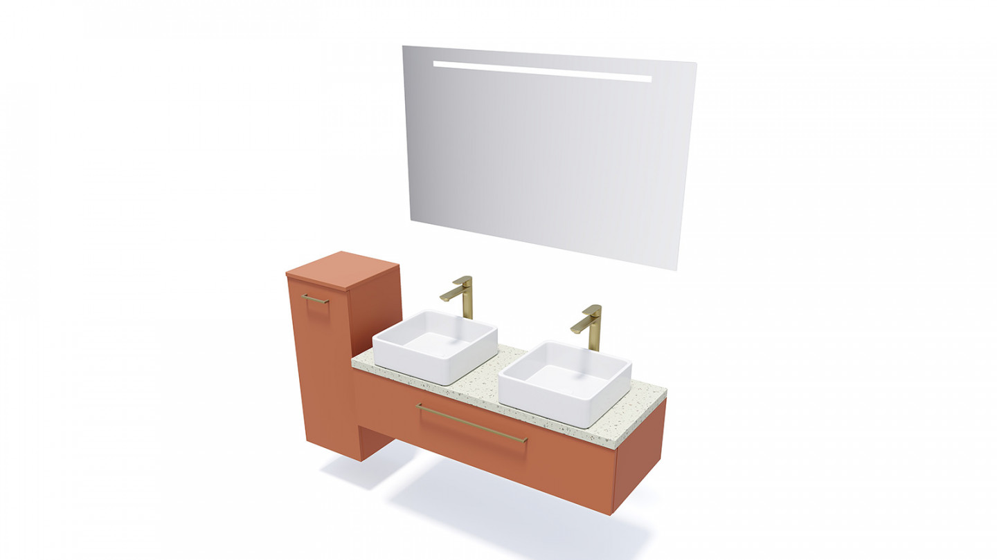 Meuble de salle de bain suspendu 2 vasques à poser 120cm 1 tiroir Terracotta + miroir + colonne ouverture gauche - Osmose