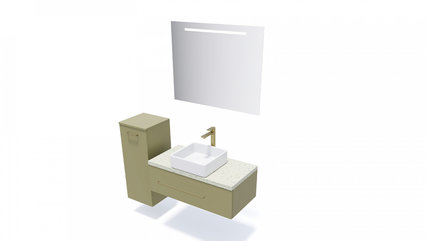 Meuble de salle de bain suspendu vasque à poser 90cm 1 tiroir Vert olive + miroir - Osmose