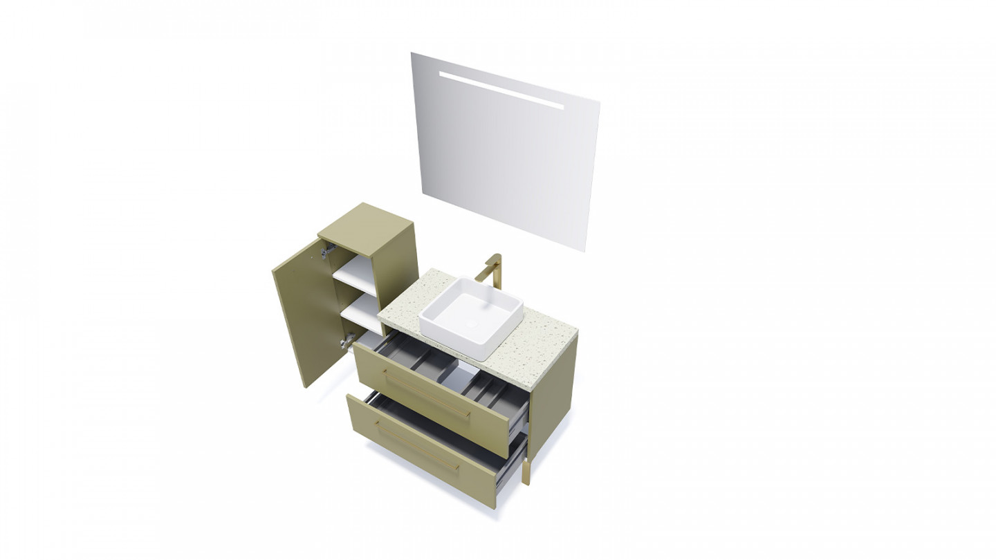 Meuble de salle de bain suspendu vasque à poser 90cm 2 tiroirs Vert olive + miroir + colonne ouverture gauche - Osmose