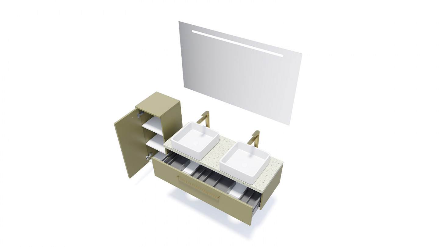 Meuble de salle de bain suspendu 2 vasques à poser 120cm 1 tiroir Vert olive - Osmose