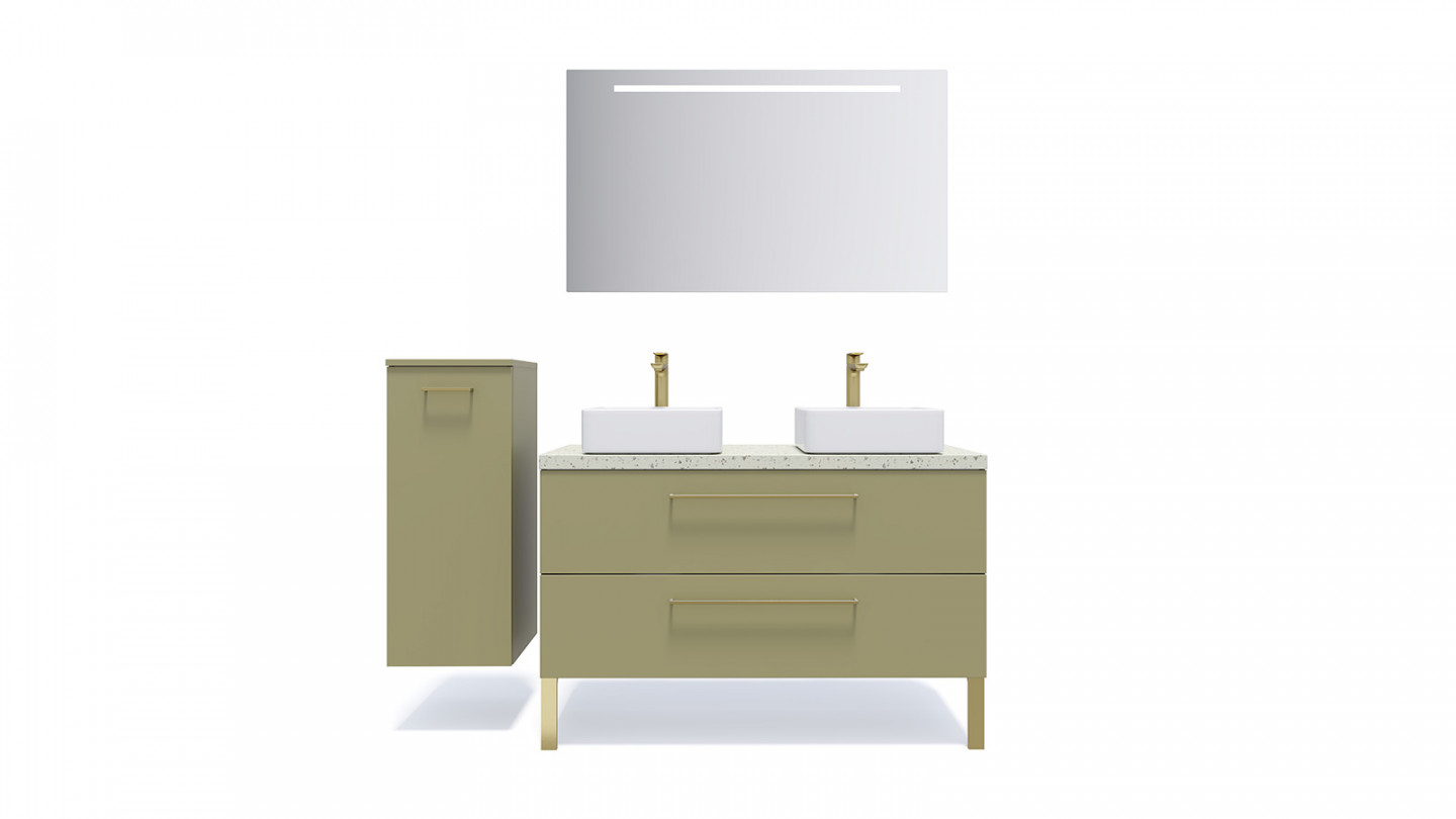 Meuble de salle de bain suspendu 2 vasques à poser 120cm 2 tiroirs Vert olive + miroir - Osmose