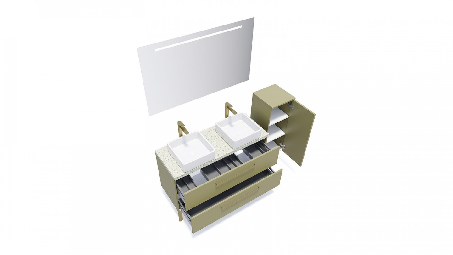 Meuble de salle de bain suspendu 2 vasques à poser 120cm 2 tiroirs Vert olive + miroir + colonne ouverture droite - Osmose