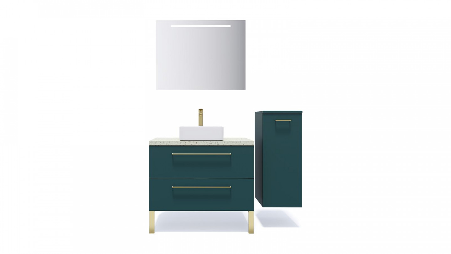 Meuble de salle de bain suspendu vasque à poser 90cm 2 tiroirs Bleu + miroir + colonne ouverture droite - Osmose