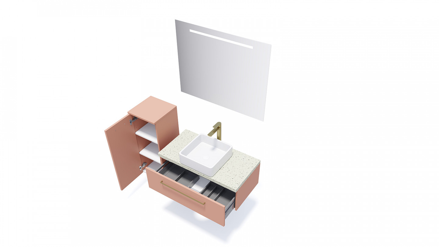 Meuble de salle de bain suspendu vasque à poser 90cm 1 tiroir Abricot + miroir - Osmose