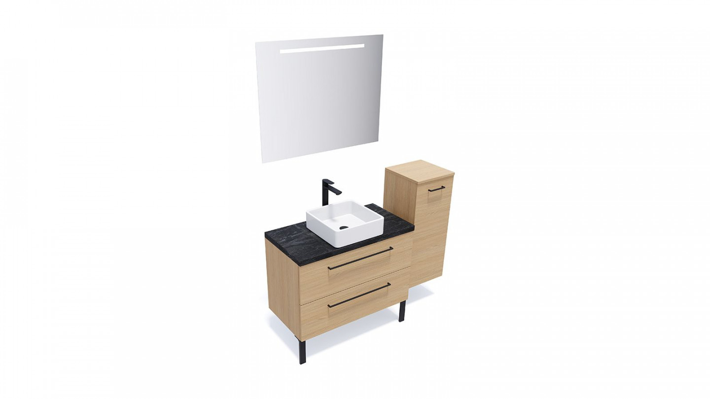 Meuble de salle de bain suspendu vasque à poser 90cm 2 tiroirs Chêne clair + miroir + colonne ouverture droite - Osmose