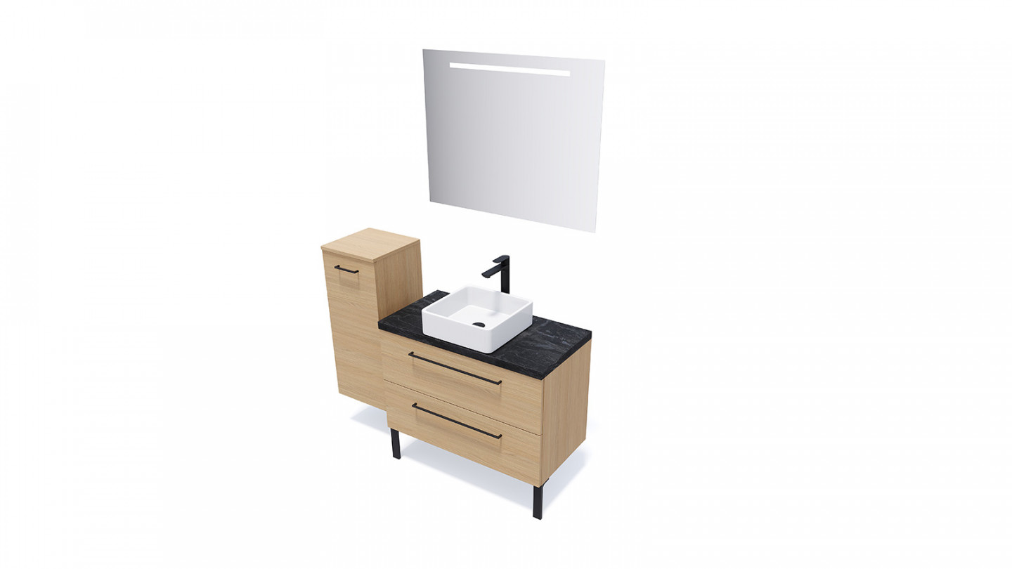Meuble de salle de bain suspendu vasque à poser 90cm 2 tiroirs Chêne clair + miroir + colonne ouverture gauche - Osmose