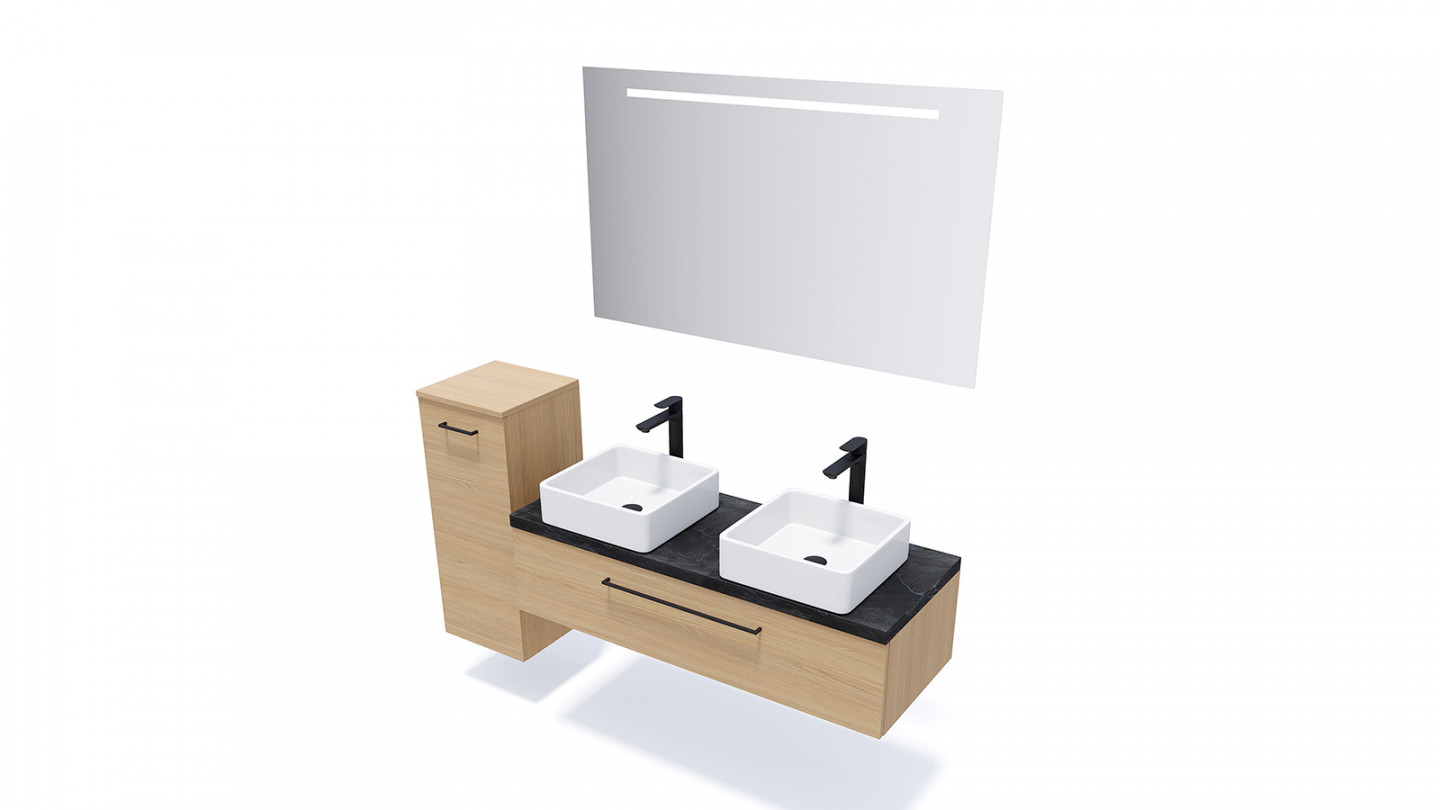 Meuble de salle de bain suspendu 2 vasques à poser 120cm 1 tiroir Chêne clair + miroir - Osmose