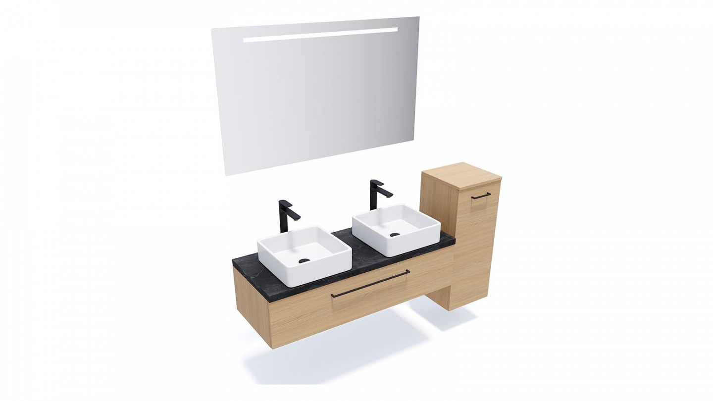Meuble de salle de bain suspendu 2 vasques à poser 120cm 1 tiroir Chêne clair + miroir + colonne ouverture droite - Osmose