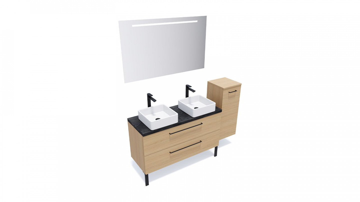 Meuble de salle de bain suspendu 2 vasques à poser 120cm 2 tiroirs Chêne clair + miroir + colonne ouverture droite - Osmose