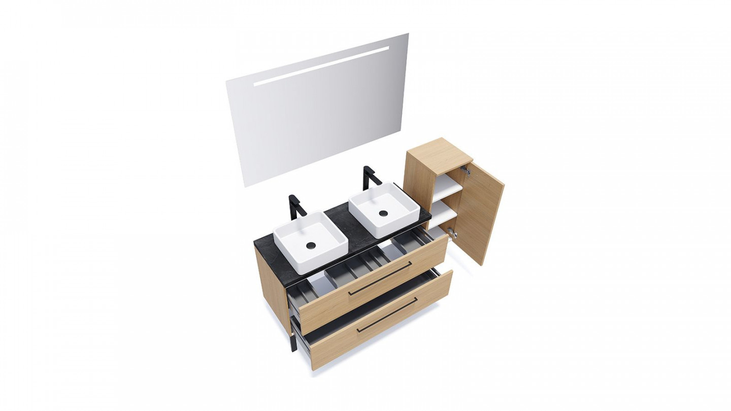 Meuble de salle de bain suspendu 2 vasques à poser 120cm 2 tiroirs Chêne clair + miroir + colonne ouverture droite - Osmose