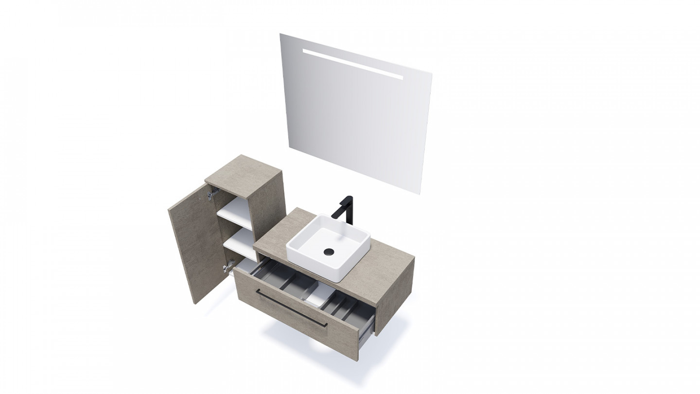 Meuble de salle de bain suspendu vasque à poser 90cm 1 tiroir façon Béton + miroir + colonne ouverture gauche - Osmose