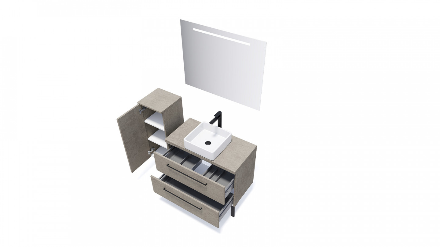 Meuble de salle de bain suspendu vasque à poser 90cm 2 tiroirs façon Béton + miroir + colonne ouverture gauche - Osmose