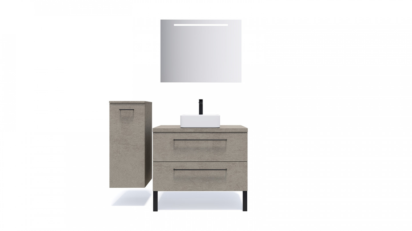 Meuble de salle de bain suspendu vasque à poser 90cm 2 tiroirs façon Béton + miroir + colonne ouverture gauche - Osmose