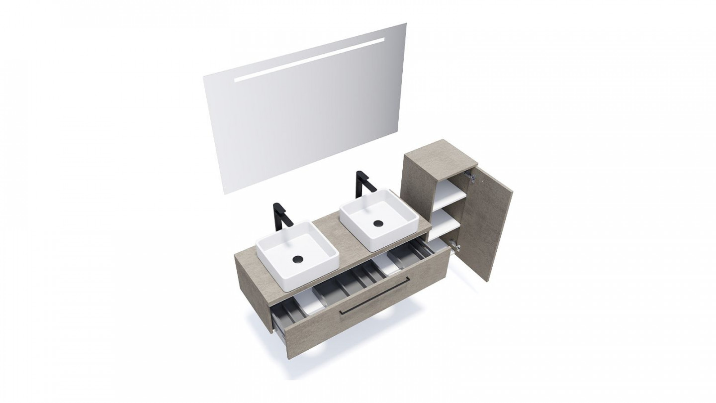 Meuble de salle de bain suspendu 2 vasques à poser 120cm 1 tiroir façon Béton + miroir + colonne ouverture droite - Osmose