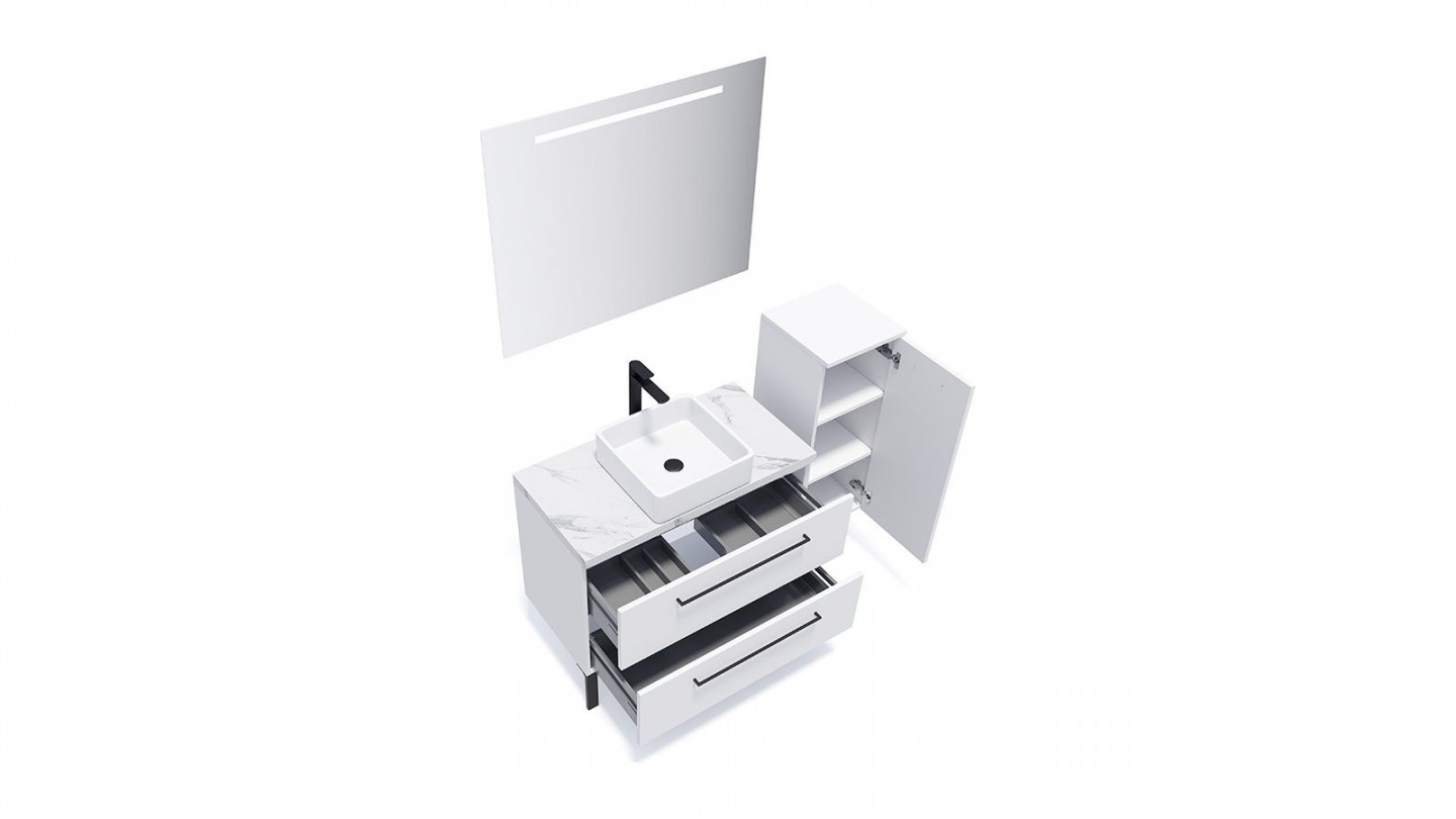 Meuble de salle de bain suspendu vasque à poser 90cm 2 tiroirs Blanc + miroir + colonne ouverture droite - Osmose