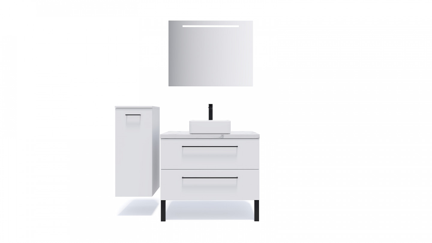 Meuble de salle de bain suspendu vasque à poser 90cm 2 tiroirs Blanc + miroir + colonne ouverture gauche - Osmose