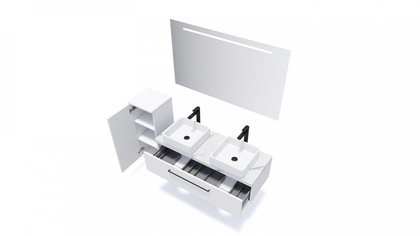 Meuble de salle de bain suspendu 2 vasques à poser 120cm 1 tiroir Blanc + miroir - Osmose