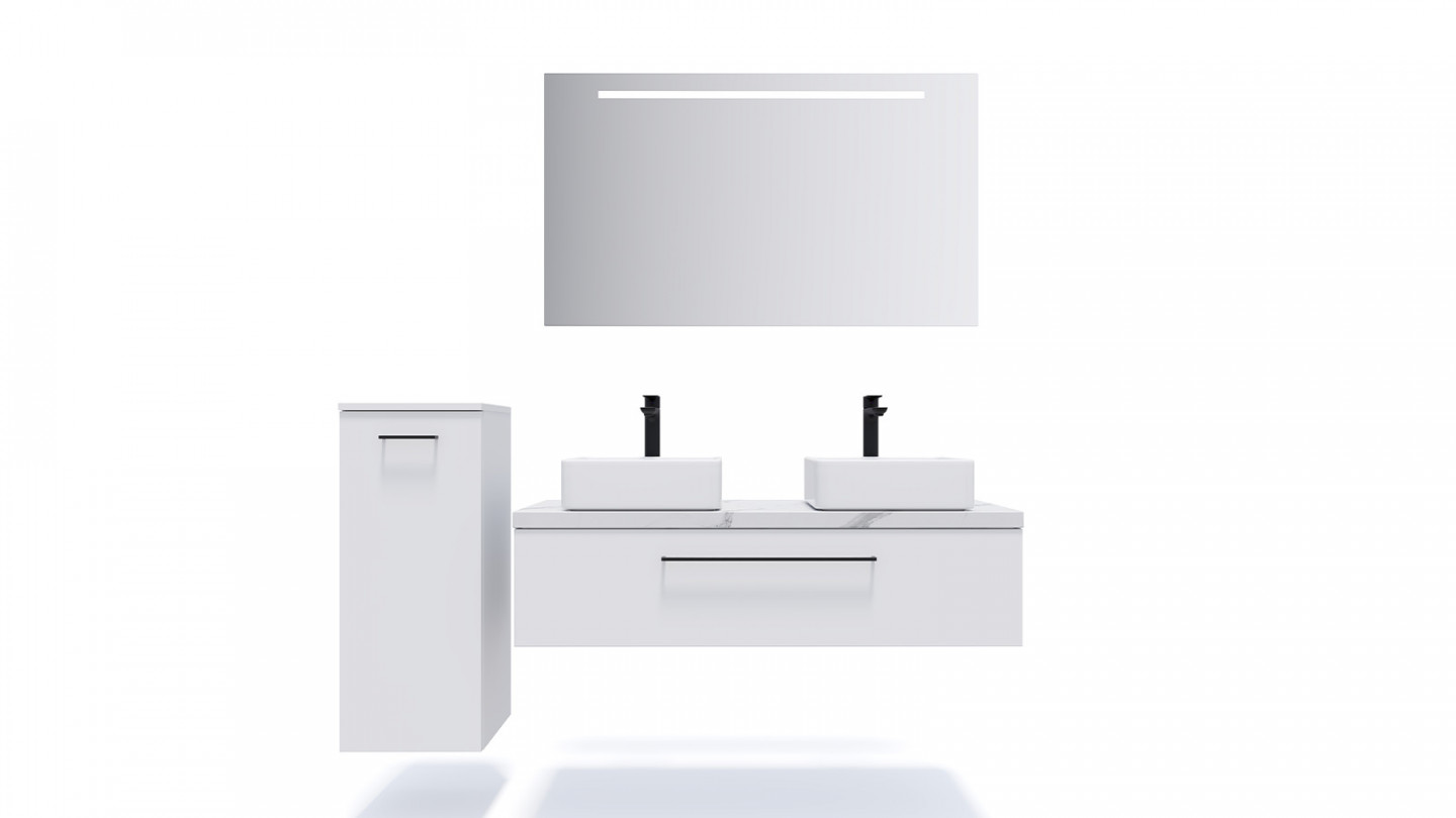 Meuble de salle de bain suspendu 2 vasques à poser 120cm 1 tiroir Blanc + miroir - Osmose