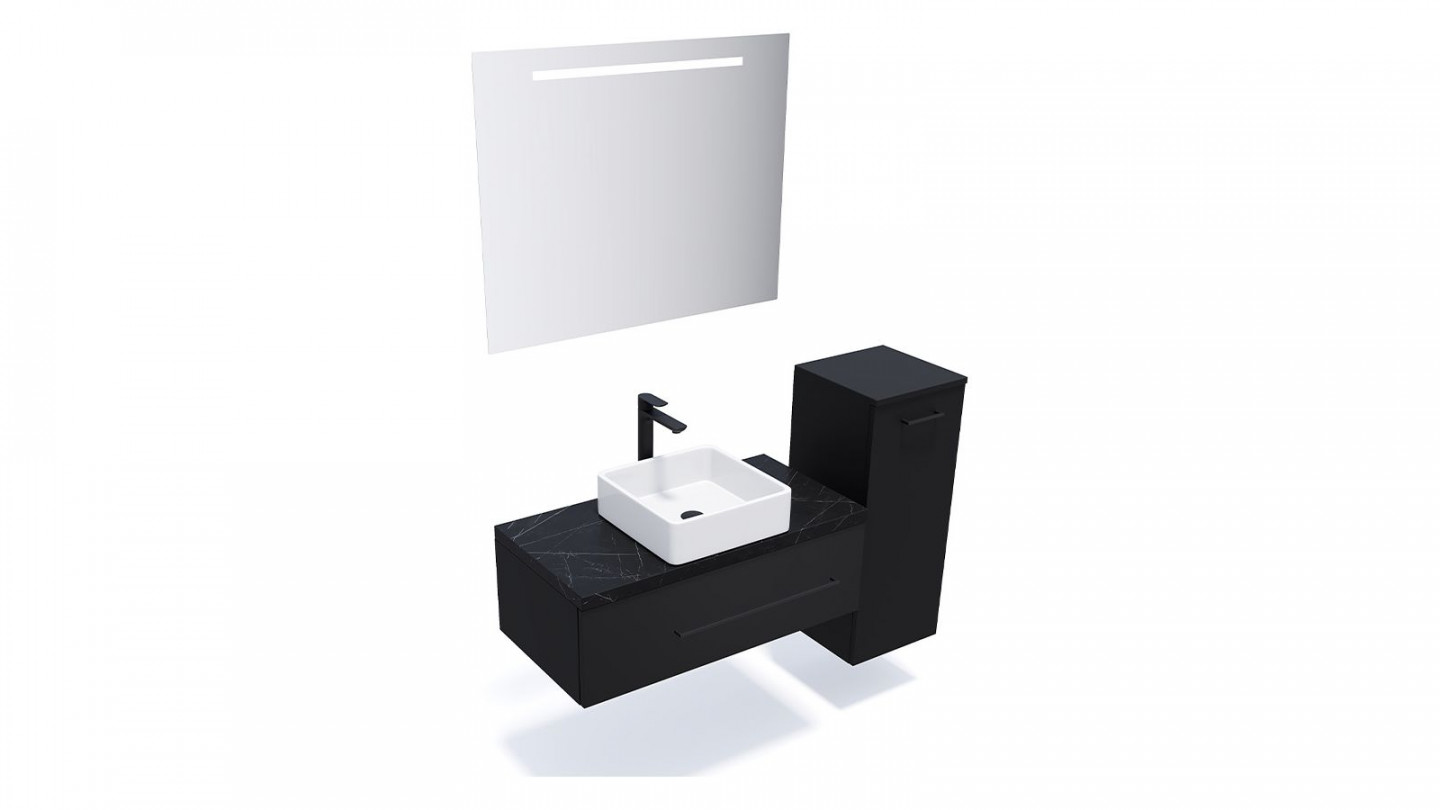 Meuble de salle de bain suspendu vasque à poser 90cm 1 tiroir Noir + miroir + colonne ouverture droite - Osmose