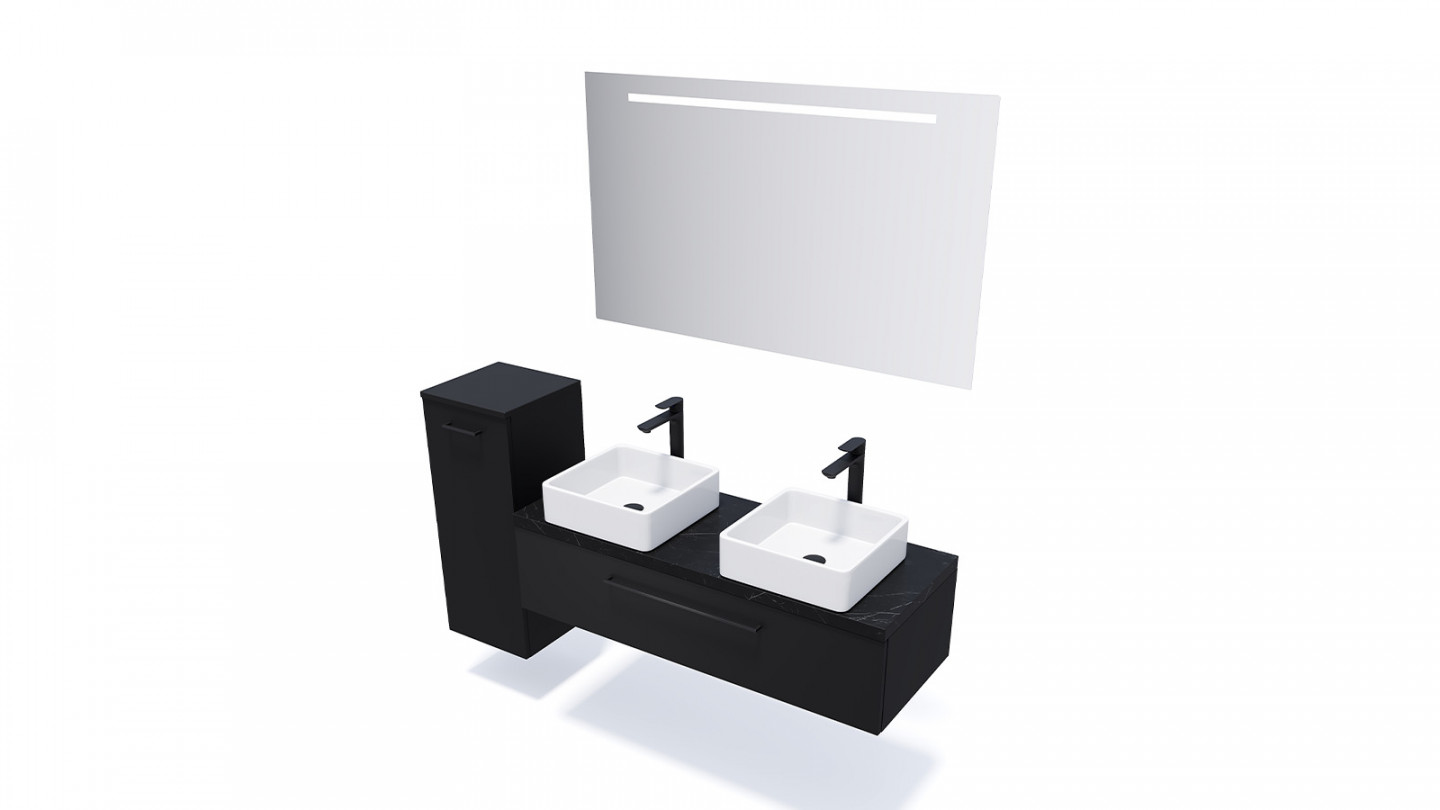 Meuble de salle de bain suspendu 2 vasques à poser 120cm 1 tiroir Noir + miroir + colonne ouverture gauche - Osmose