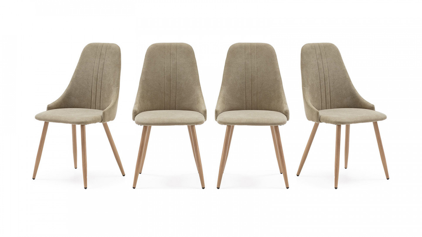 Lot de 4 chaises en tissu vert pâle, piètement métal effet bois - Vicky