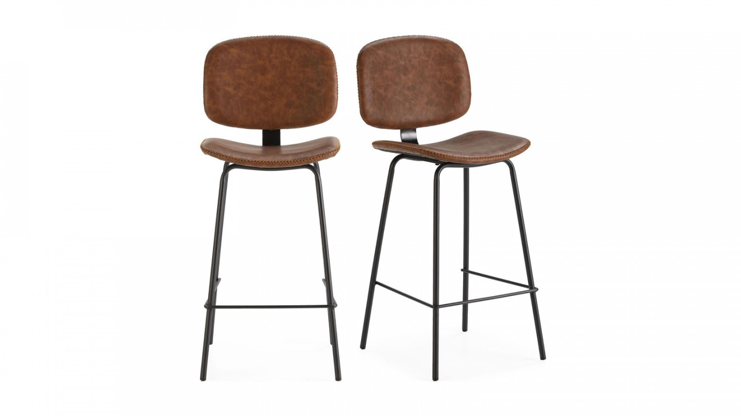 Lot De 2 Tabourets De Bar Club - Similicuir Noir Et Métal - Réglables 67-87 Cm