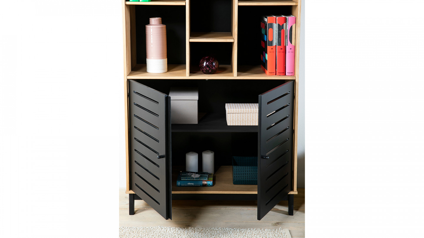 Bibliothèque 2 portes 7 niches noir / effet bois 90 cm - Rosa