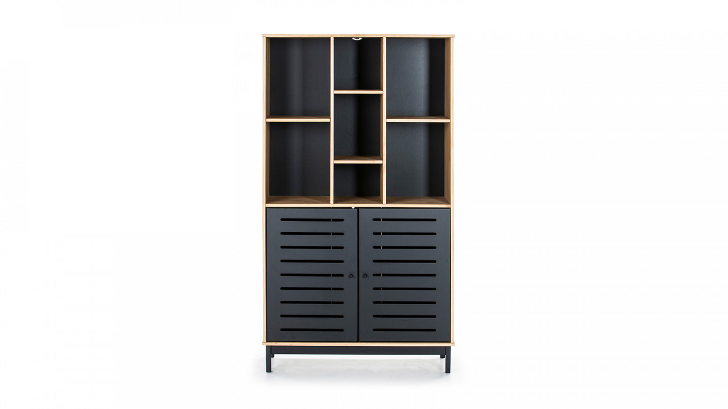 Bibliothèque 2 portes 7 niches noir / effet bois 90 cm - Rosa