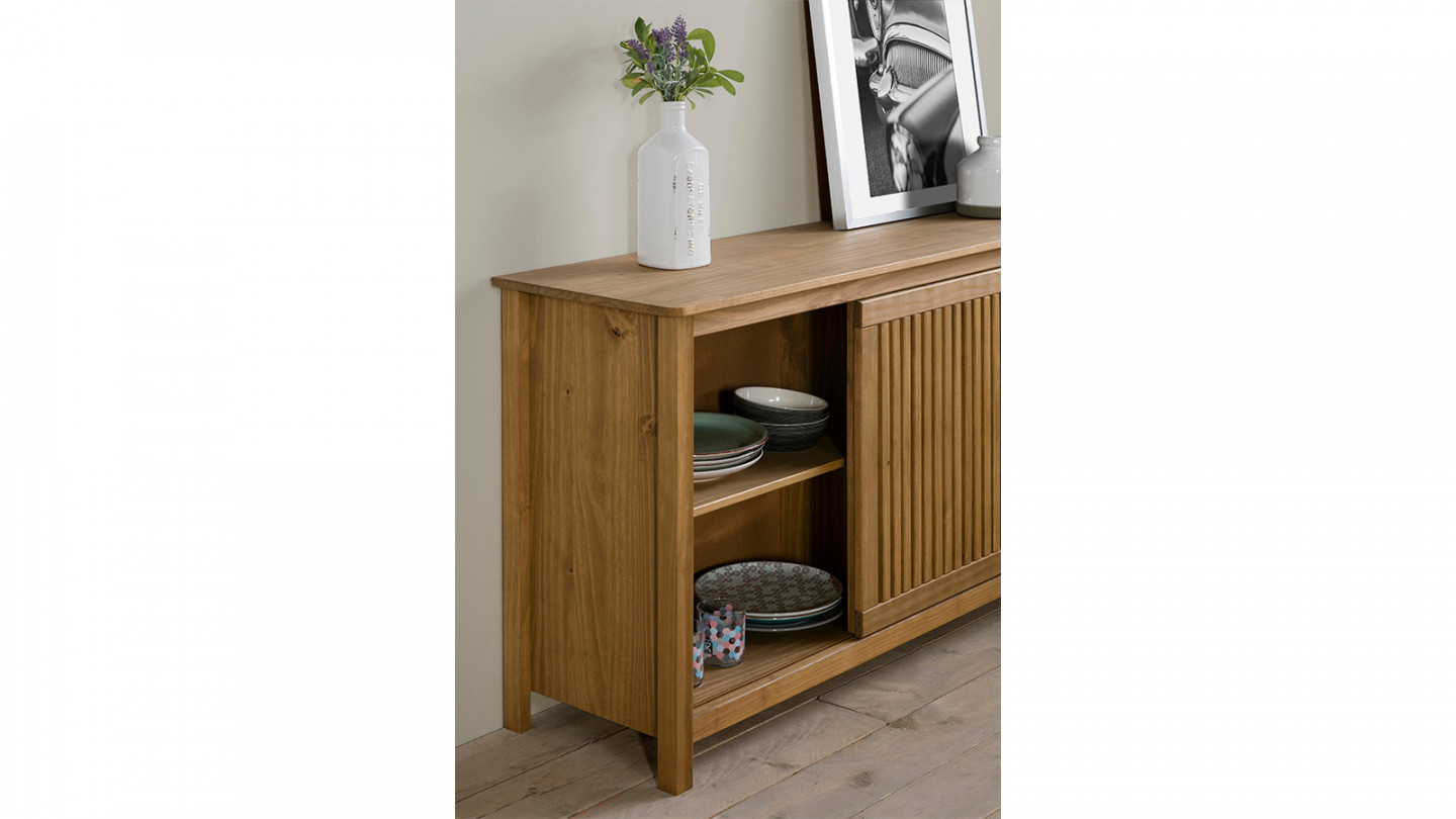 Buffet 1 porte coulissante 3 tirois en pin massif couleur bois naturel 150 cm - Fabia