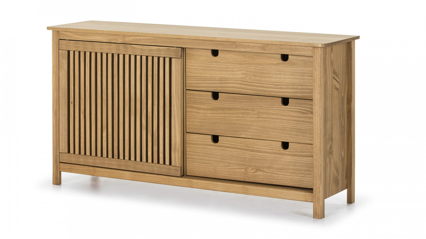 Buffet 1 porte coulissante 3 tirois en pin massif couleur bois naturel 150 cm - Fabia