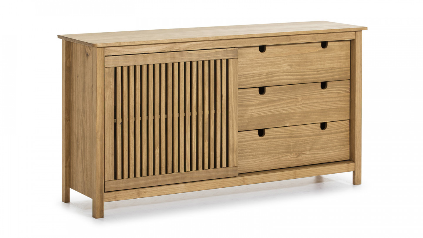 Buffet 1 porte coulissante 3 tirois en pin massif couleur bois naturel 150 cm - Fabia