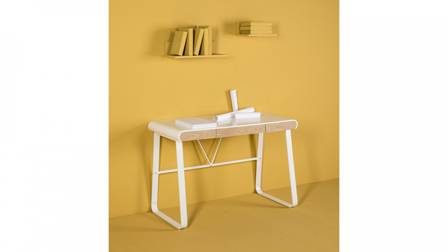 Bureau 3 tiroirs blanc / effet chêne 110 cm - Aya