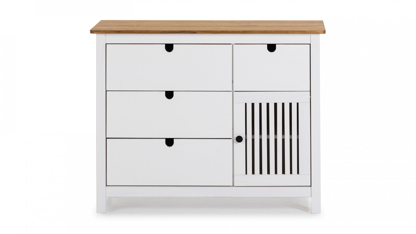 Commode 1 porte 4 tiroirs en pin massif blanc 100 cm - Fabia