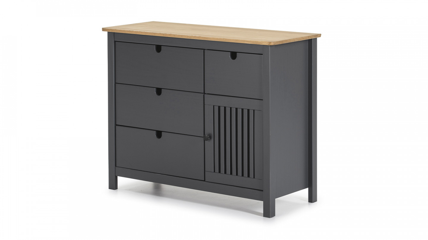 Commode 1 porte 4 tiroirs en pin massif gris anthracite 100 cm - Fabia