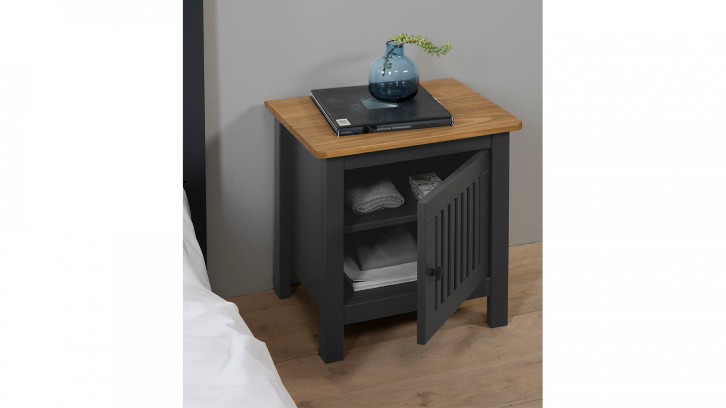 Table de chevet 1 porte en pin massif gris anthracite - Fabia