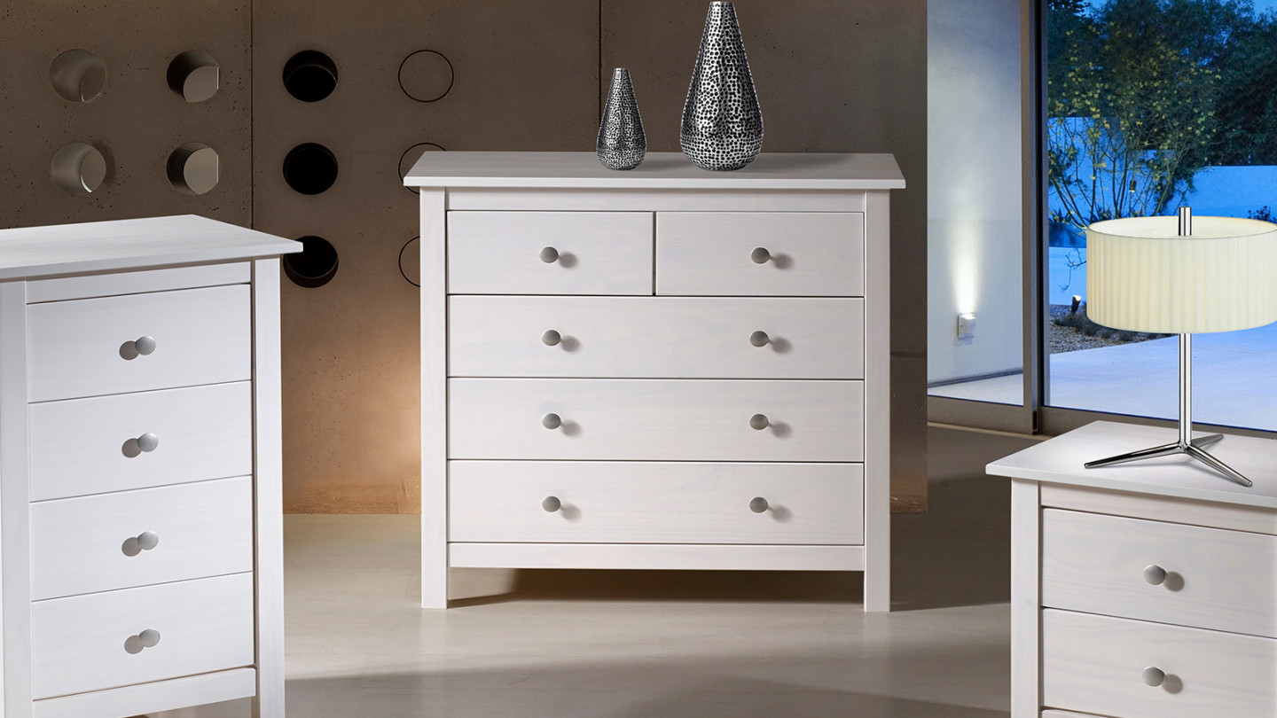 Commode 5 tiroirs en pin massif blanc 79 cm - Elton