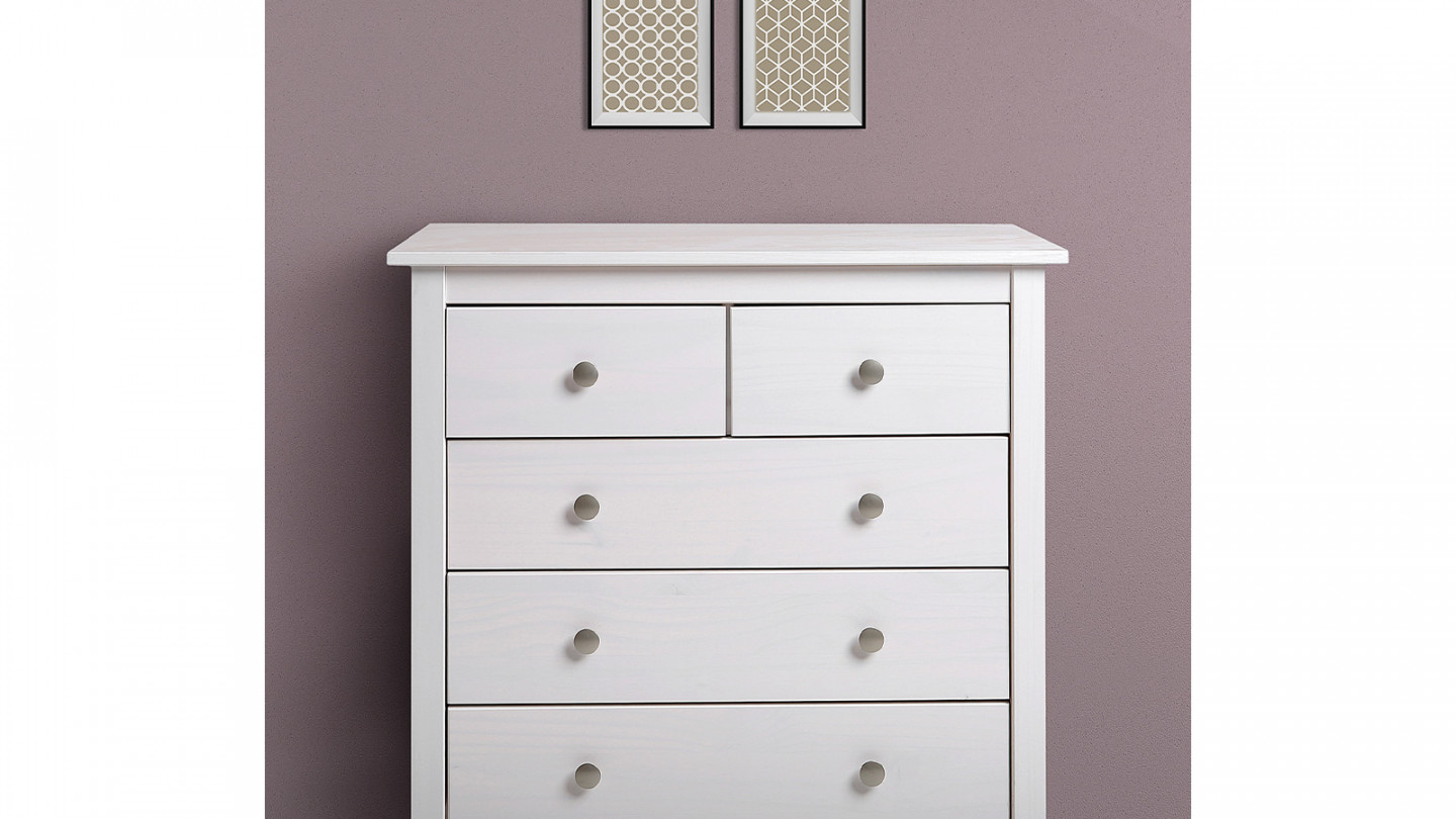 Commode 5 tiroirs en pin massif blanc 79 cm - Elton