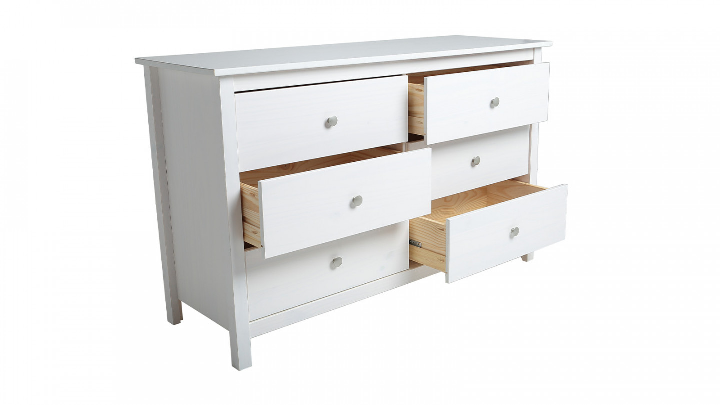 Commode 6 tiroirs en pin massif blanc 130 cm - Elton