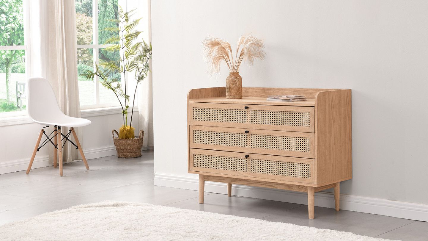 Commode 3 tiroirs en cannage naturel et placage chêne 105 cm - Eden